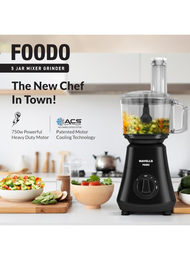هافلز Havells Foodo 750 Watt Mixer Grinder with 5 Jars | Includes Food Processor Jar with Dual Pusher | 14-in-1 Functionality | Rust-Resistant 304 SS Blades | Storage Box | 5-Year Motor Warranty (Black) - Image 5